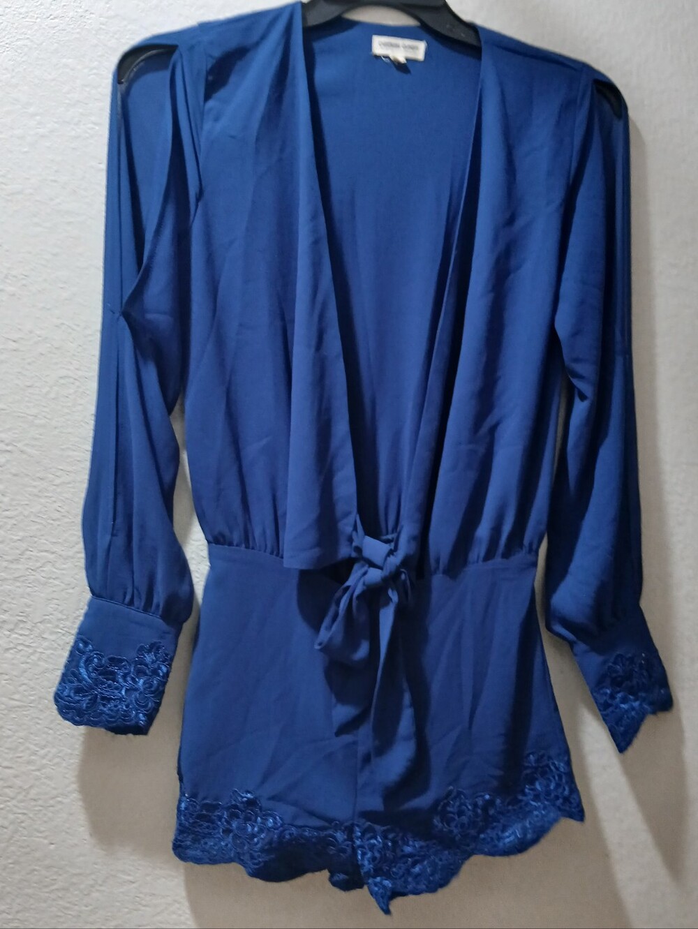 Cotton Candy Royal Blue Lace-Trim Tie Waist Robe